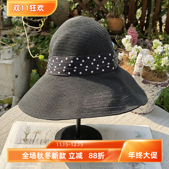 4.5现货黑色草帽女韩国东大门代购个性休闲大帽檐出游遮阳渔夫帽
