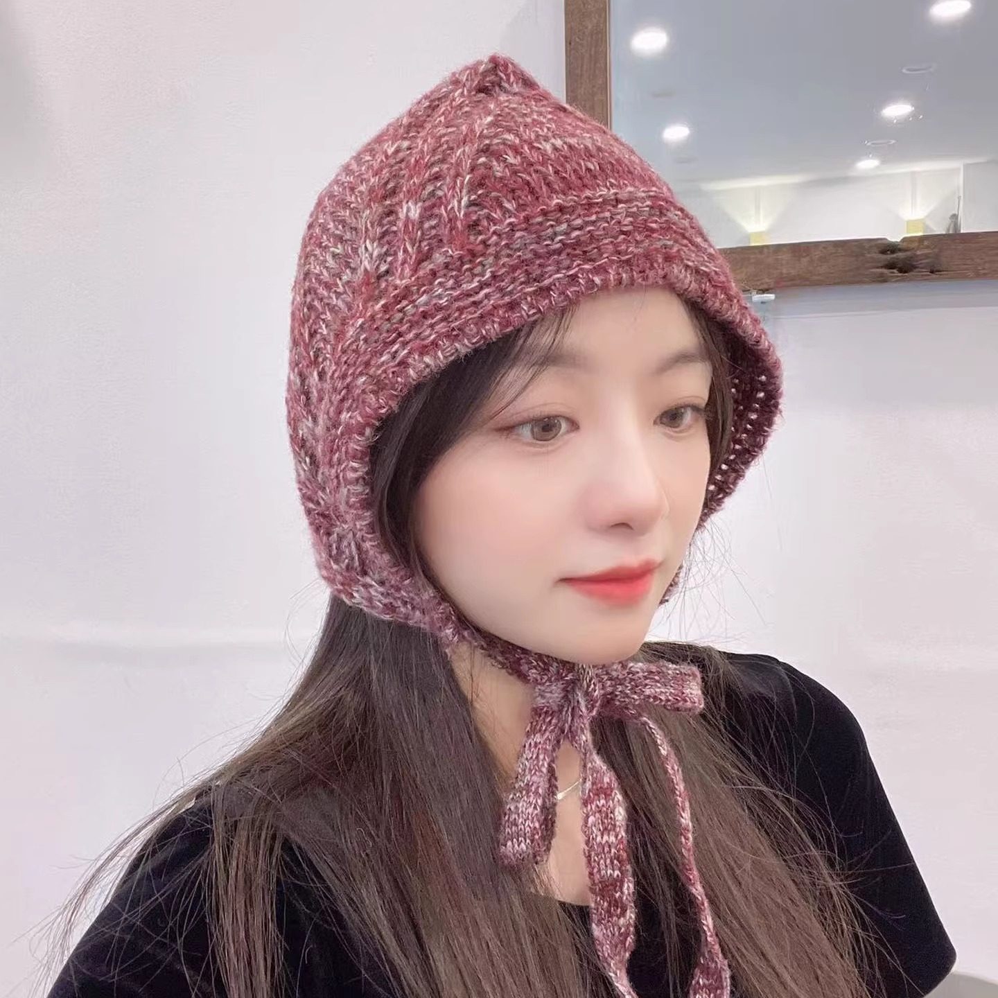 25年秋冬新款毛线帽女文艺韩国东大门代购复古麻花纹系带头巾帽