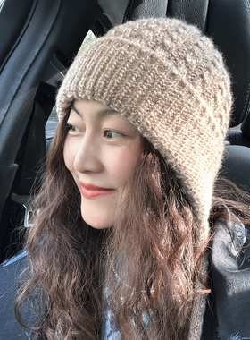 11.22现货米杏色护耳帽女韩国东大门代购加厚防寒麻花纹毛线帽女