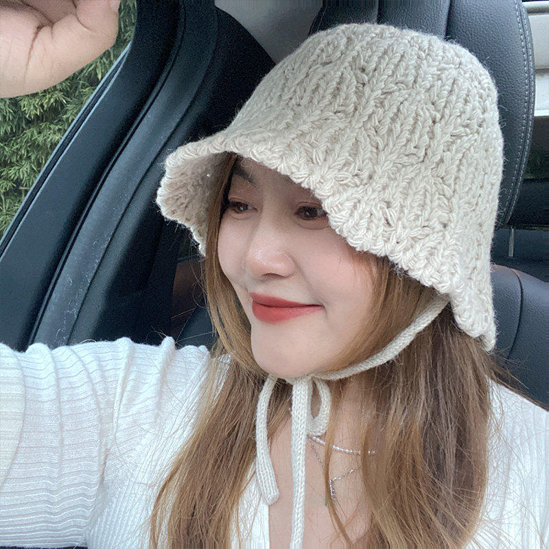 2.27现货女秋冬系带渔夫帽韩版时尚加厚保暖毛线帽韩国东大门代购