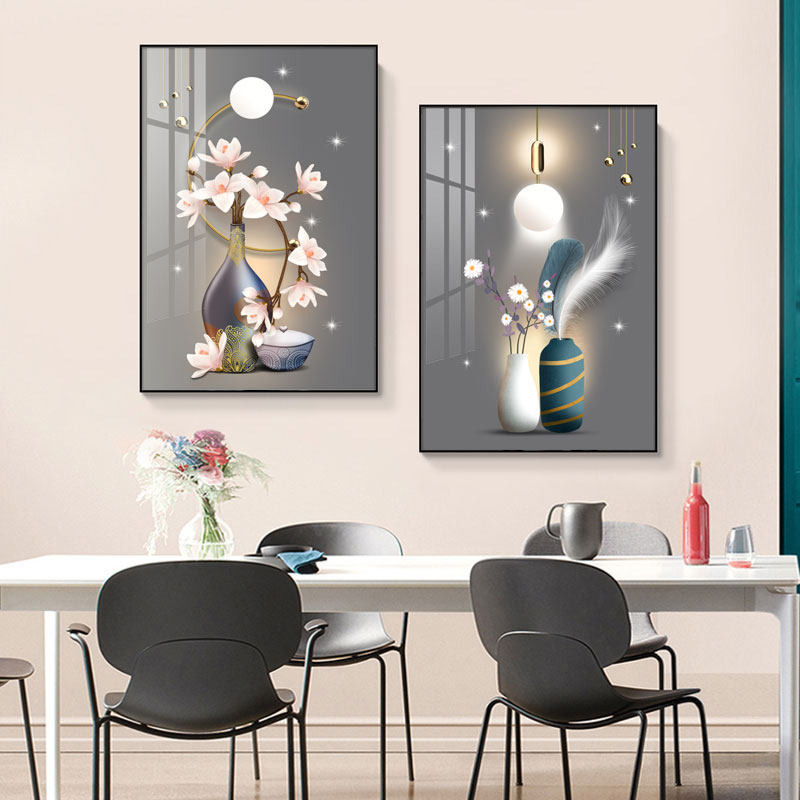 简约现代餐厅装饰画创意双联组合饭厅挂画花卉九鱼图餐桌客厅壁画,家居饰品,现代装饰画,淘宝优惠券,粉丝福利购,淘宝优惠卷