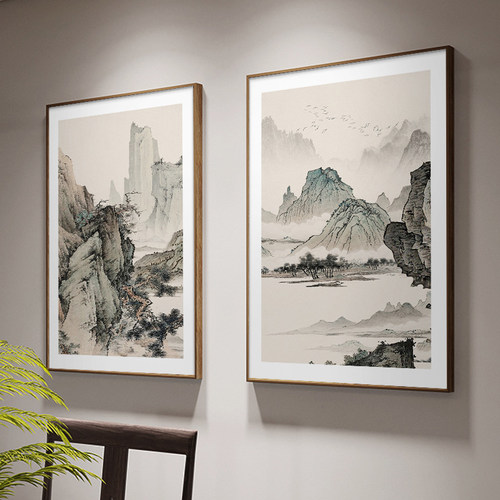 国画山水画茶室背景墙装饰画方形餐厅挂画新中式客厅两联组合壁画