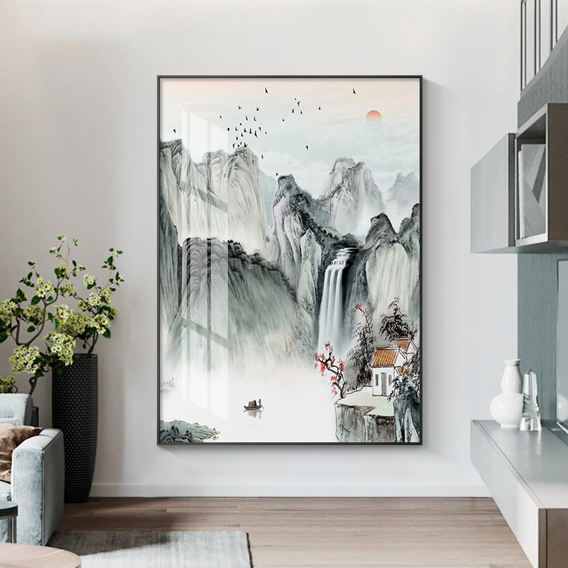 新中式玄关装饰画免打孔办公室书房客厅山水画背景墙走廊过道挂画