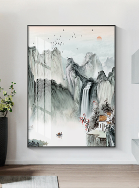 新中式玄关装饰画免打孔办公室书房客厅山水画背景墙走廊过道挂画