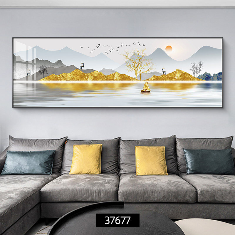 现代轻奢客厅装饰画山水画横版旭日东升背有靠山沙发背景墙挂画