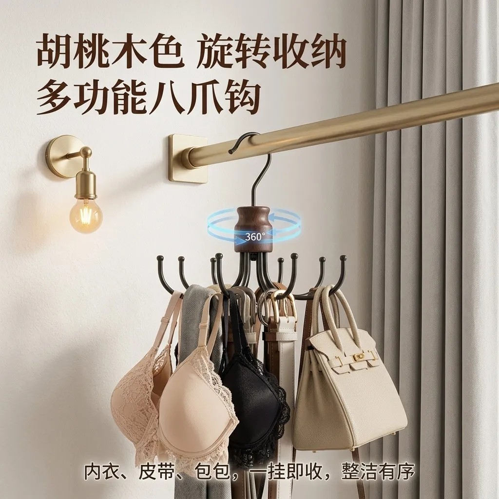 榉木八爪鱼旋转收纳挂钩