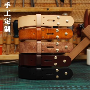 3.8cm男士无头皮带条2025新款头层植鞣牛皮手工缝制日字针扣复古