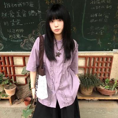 超好看短袖衬衫女款夏季设计感小众穿搭上衣宽松显瘦紫色半袖衬衣