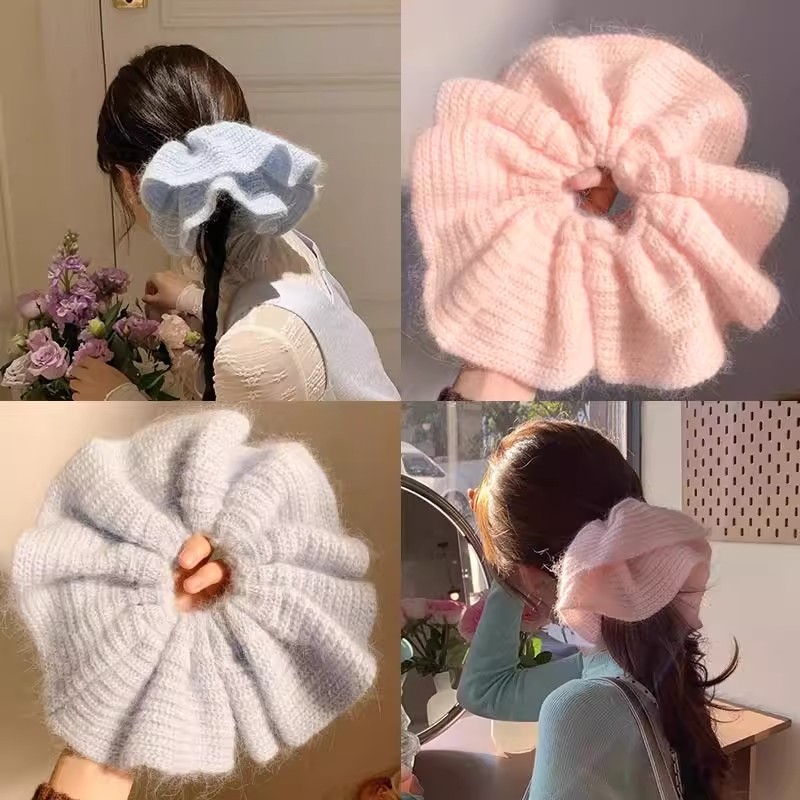 秋冬新款灰蓝毛绒针织大号褶皱花边发圈温柔百搭低马尾发饰女