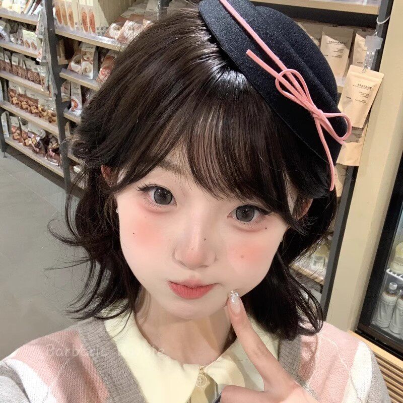 韩系可爱黑色丝绒蝴蝶结礼帽甜美少女jk圆顶贝雷帽水手海军帽子女