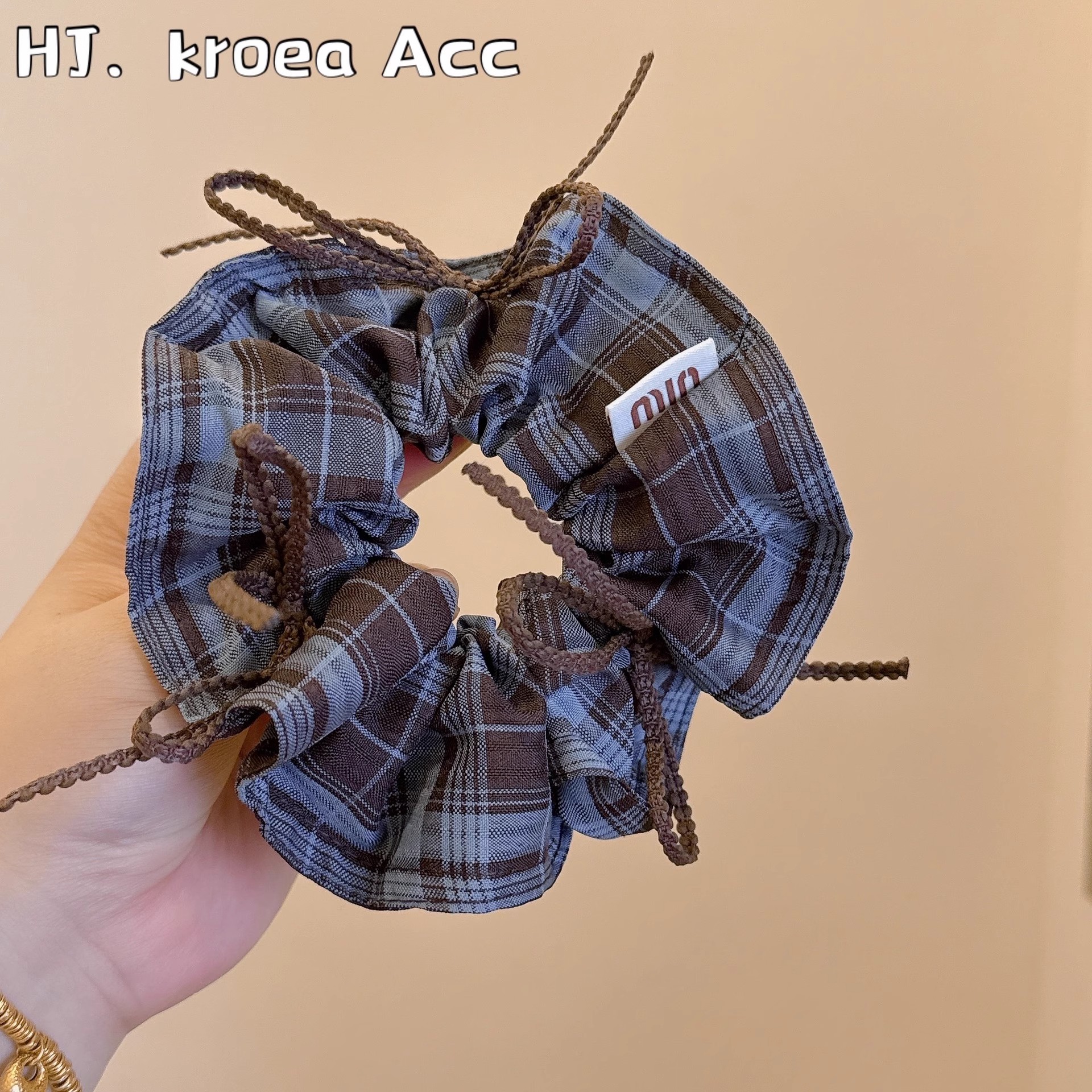慵懒风美拉德色系格纹蝴蝶结大肠发圈咖色布艺扎丸子头低马尾