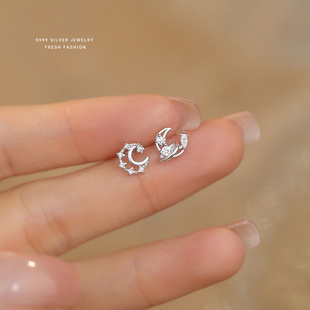 S999足银小红书爆款星月耳钉女时尚精致百搭韩版纯银养耳洞耳骨钉