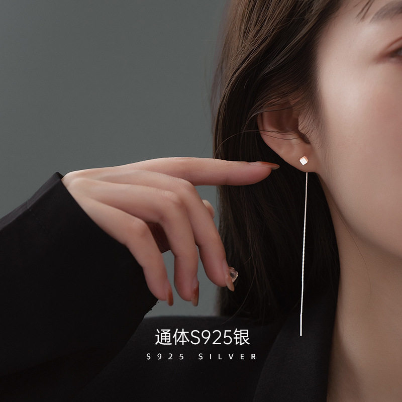 榕树下S925银小方块耳线女养耳洞
