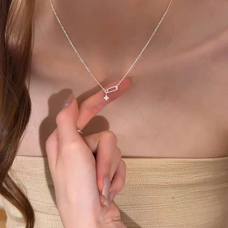 S925纯银四叶草回形针项链女清新