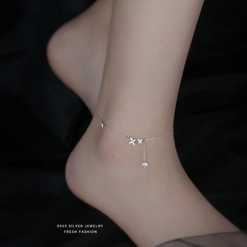 s925纯银两只蝴蝶镶钻脚链女轻奢