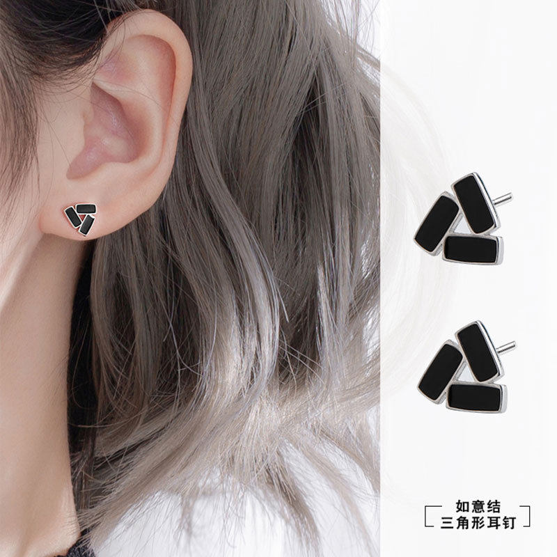 s925纯银耳钉韩版冷淡风黑色简约
