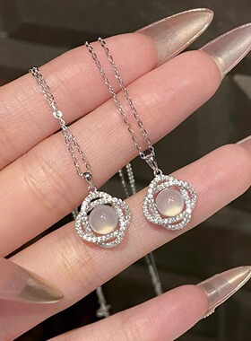 S925纯银天然白玉髓花朵项链女轻