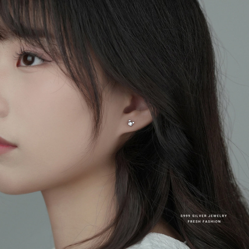 s999足银可爱小熊耳钉女日系小清