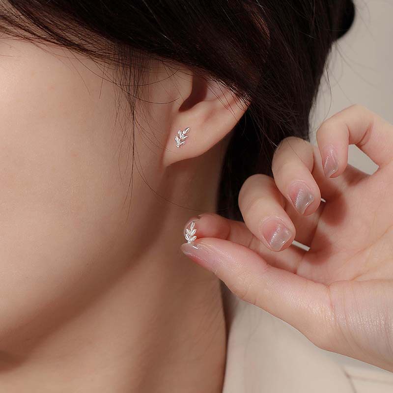 S999足银树叶耳钉女纯银小众显气