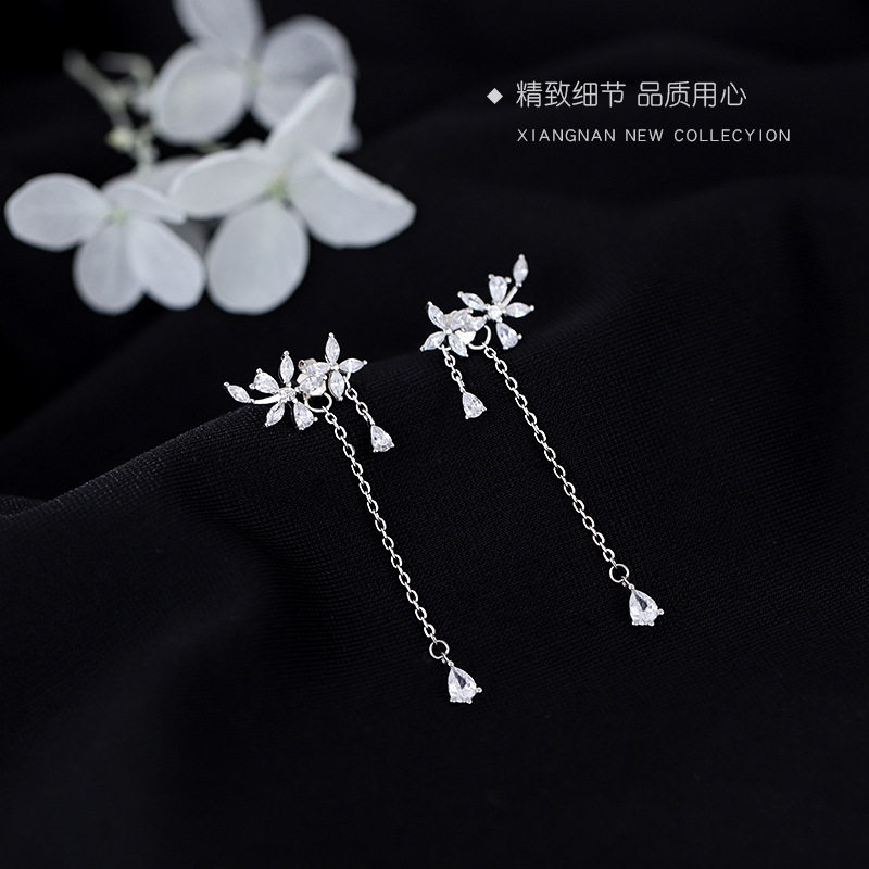 925纯银镶钻花朵耳环甜美流苏耳