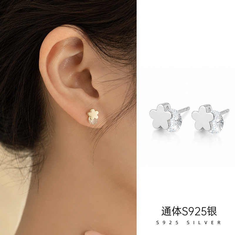 榕树下S925纯银小清新花朵锆石耳
