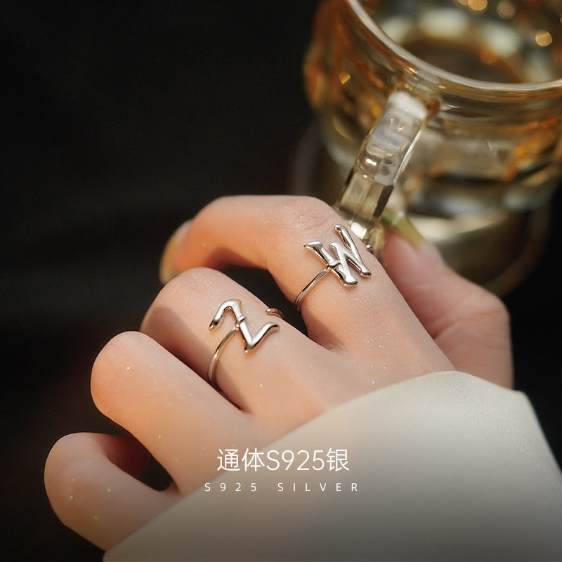 榕树下S925银26个字母开口戒指女