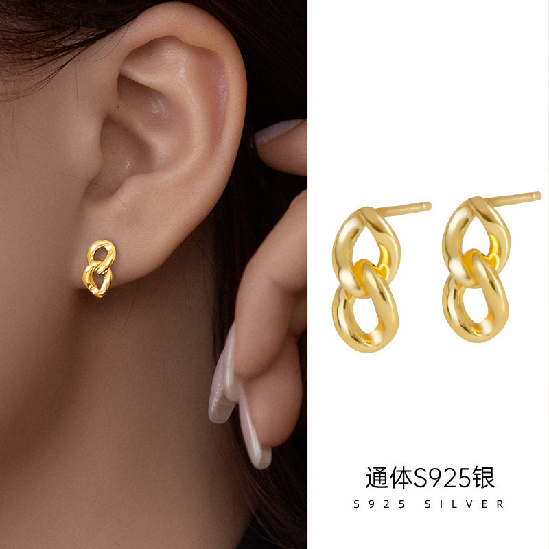 榕树下S925银韩式链条耳钉女博主