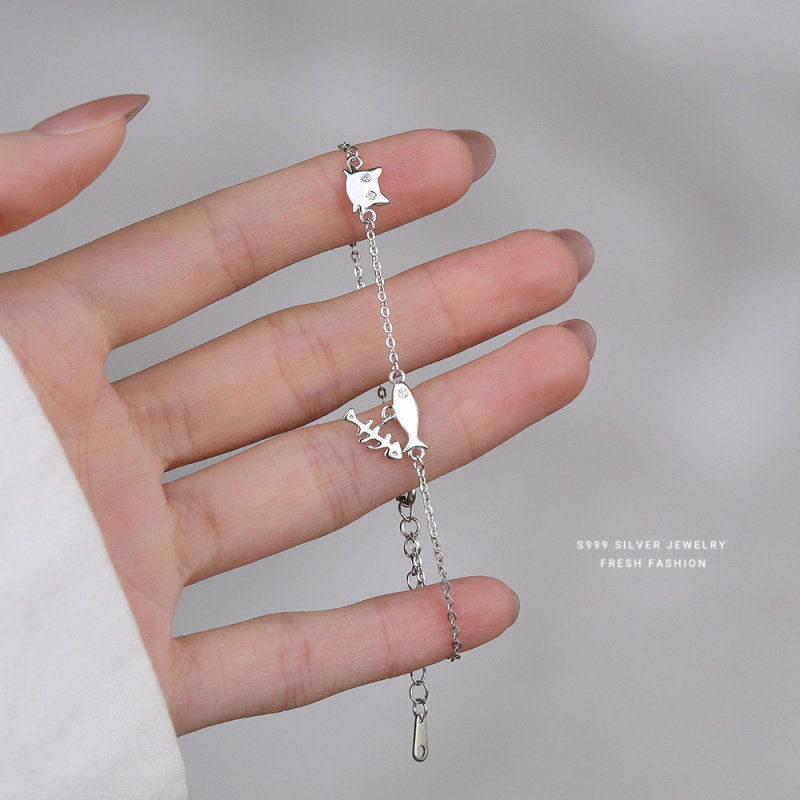 s999纯银可爱猫鱼手链女韩版简约