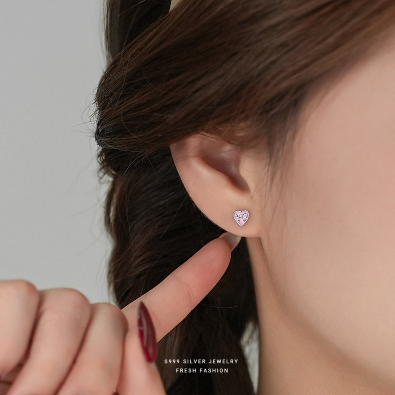 韩版S999足银滴胶爱心蝴蝶结耳钉耳环简约百搭ins风甜美纯银耳饰