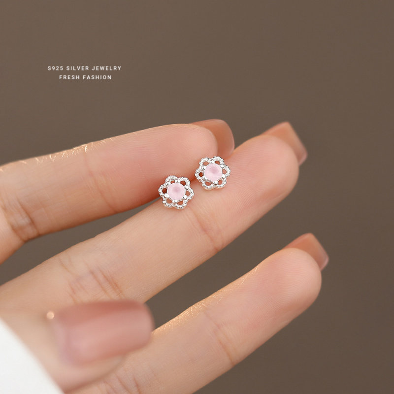 s925纯银粉玉花朵镂空耳钉女甜美