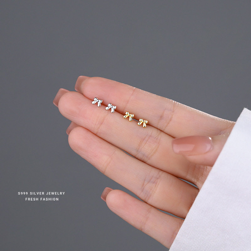 可爱蝴蝶结耳钉女s999纯银甜美小巧百搭时尚足银迷你耳饰耳骨钉