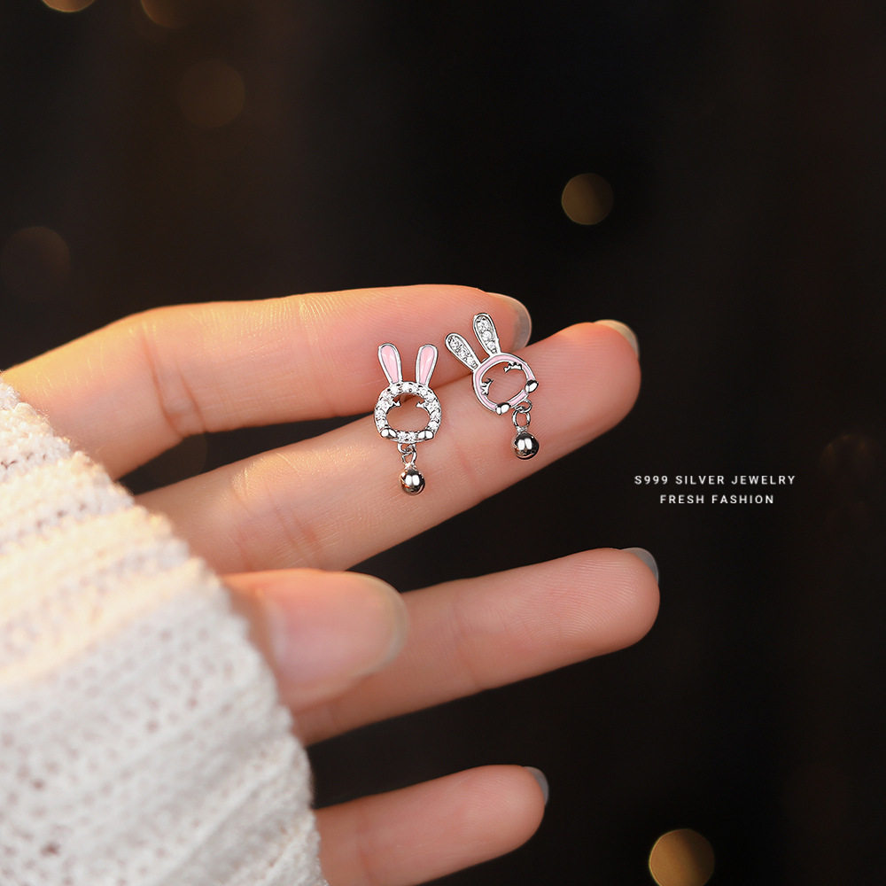 999足银微镶锆石兔子耳钉女韩系