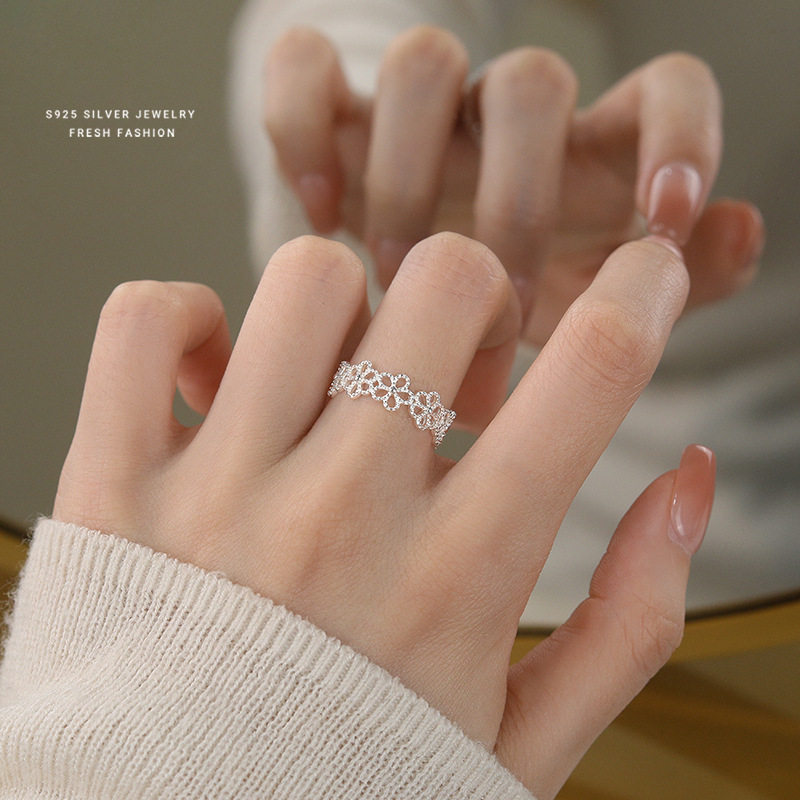 S925纯银仙女风蕾丝花朵戒指女甜