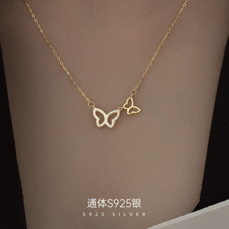 S925纯银轻奢小众蝴蝶项链女新款冷淡风清新百搭颈链女友礼物