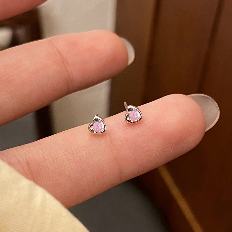 s925纯银mini爱心粉钻耳钉女百搭
