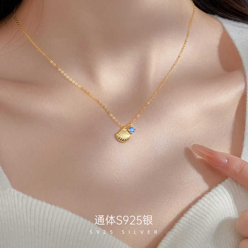 榕树下S925银网红贝壳蓝锆石项链
