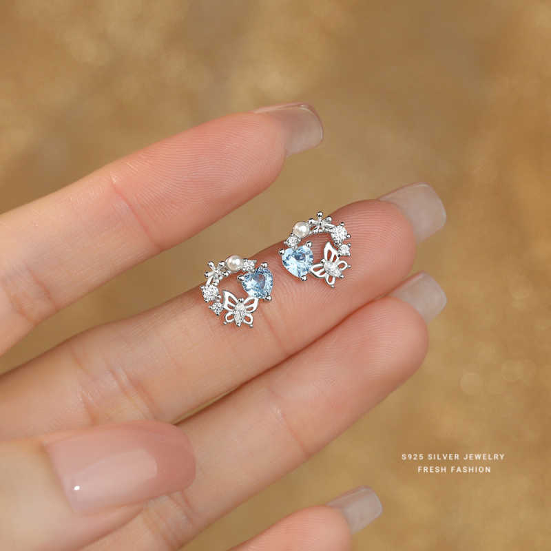 S925纯银爱心蝴蝶珍珠耳钉女时尚