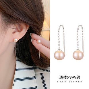 S999足银天然珍珠高级感耳线女简约气质百搭流苏耳饰纯银2026新款