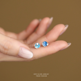 S999足银小清新油画风日月星辰耳钉女2025新款时尚设计感纯银耳饰