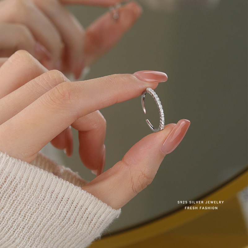 小众轻奢排钻戒指女s925纯银开口