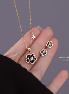 s925纯银山茶花镶锆项链女小众气