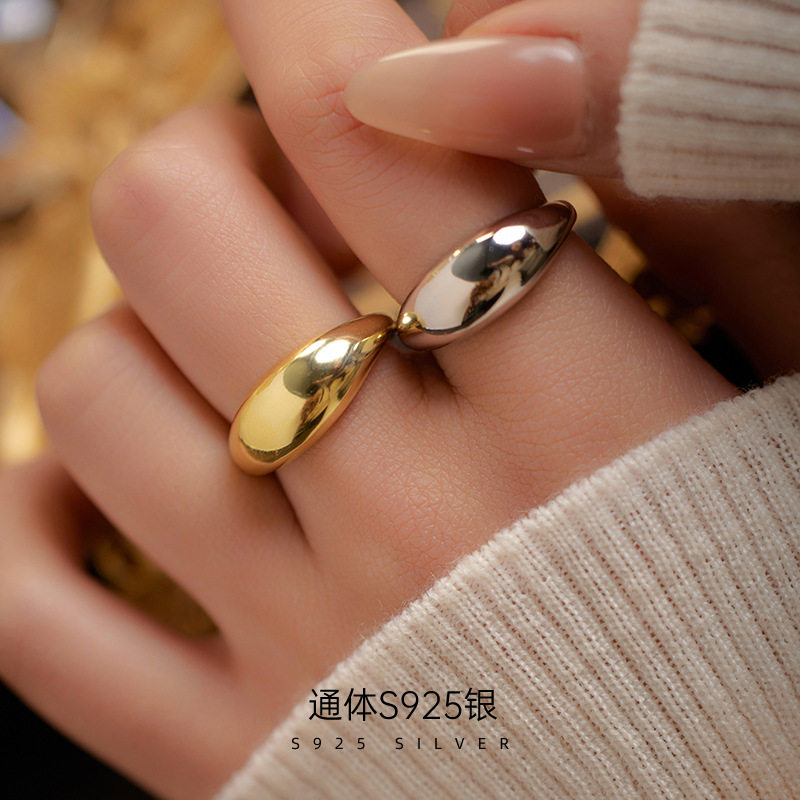 榕树下S925银欧美弧形光面戒指女