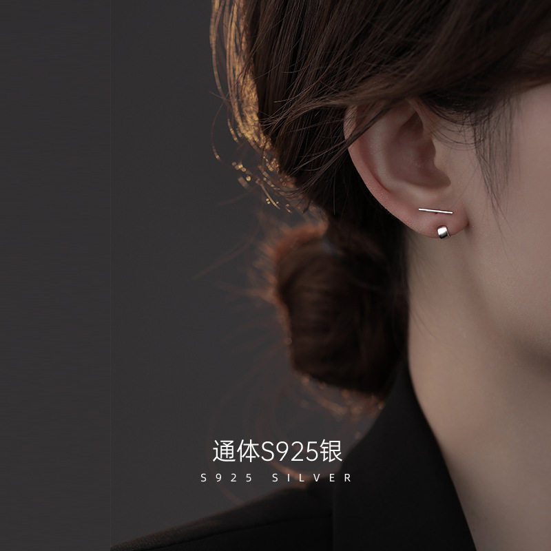 榕树下S925银简约一字u形耳钉女