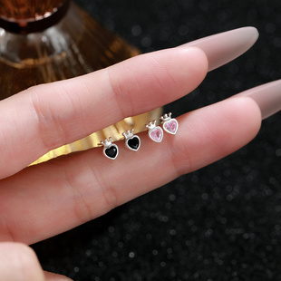 S999足银皇冠爱心耳钉新款粉色心养耳洞心形耳饰气质韩版纯银耳钉