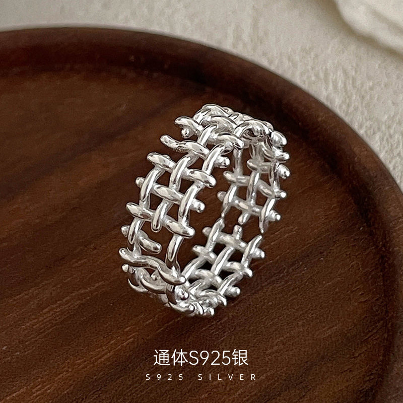 榕树下S925银韩式小众网格编织戒