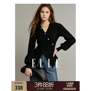 宽松显瘦毛针织衫 ELLE复古黑色V领套头长袖 新款 毛衣女2024春季