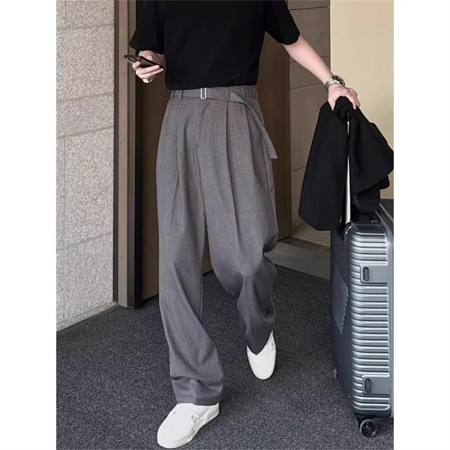 CLARALEE垂坠感直筒西裤男夏季薄款冰丝休闲 裤韩版宽松阔腿长裤