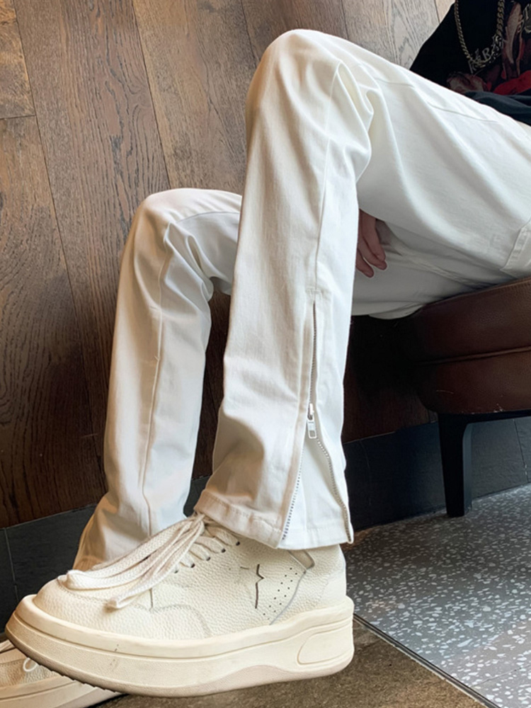 Claralee白色牛仔裤男士春秋季帅气拉炼开衩直筒裤韩国风格修身裤