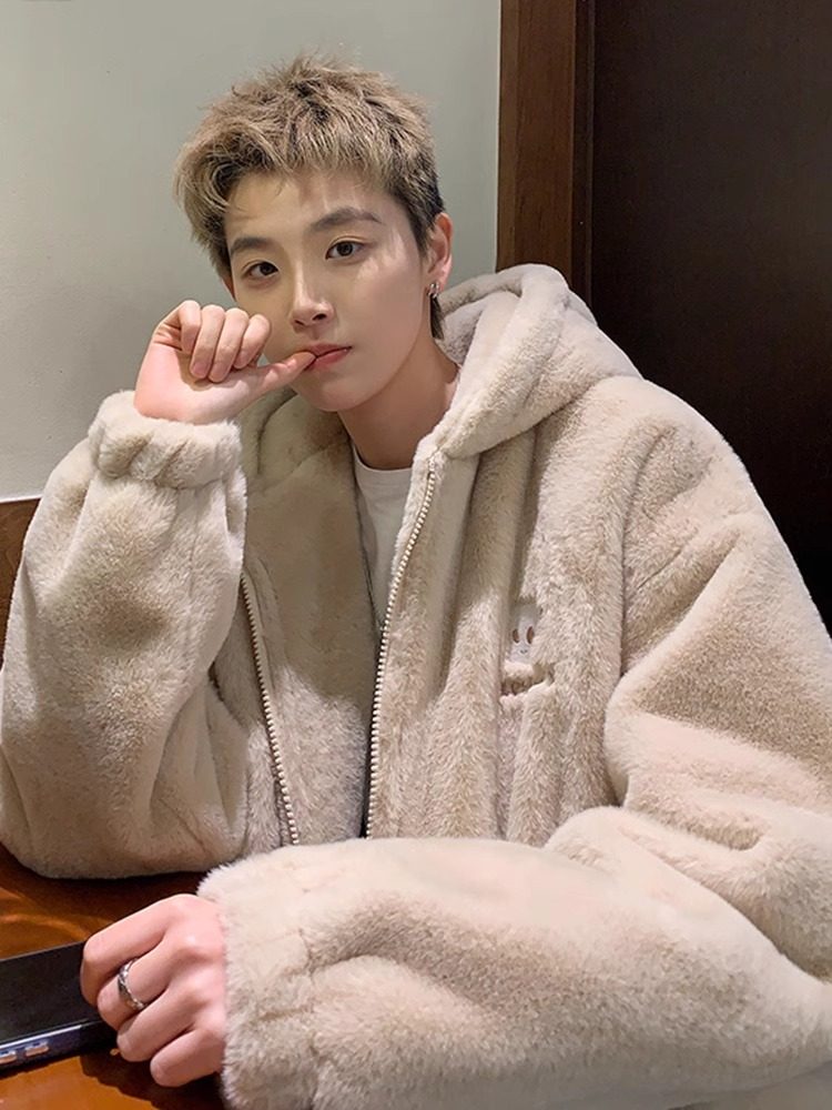 CLARALEE羊羔绒外套男冬季加厚保暖毛绒棉服高级感连帽冬装棉衣