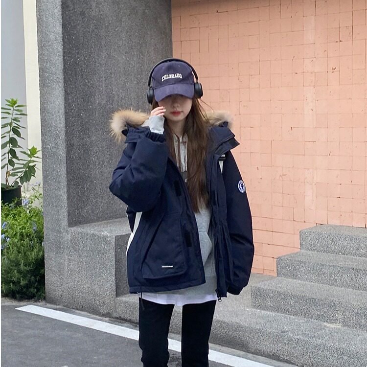 藏蓝色羽绒棉女工装派克服短款小个子大毛领冬季连帽2025情侣新款